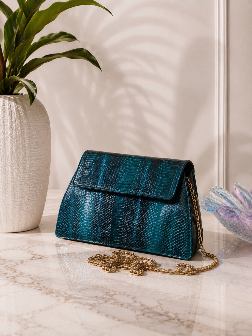 Vintage Genuine Python Skin Clutch – Teal Iridescent Snakeskin Evening Bag